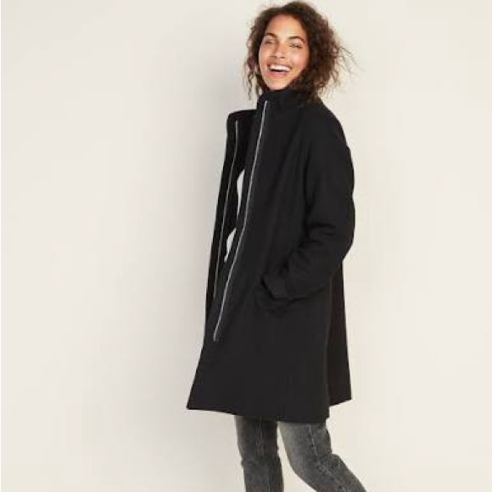 Relaxed Soft-Brushed Funnel-Neck Coat (Black)